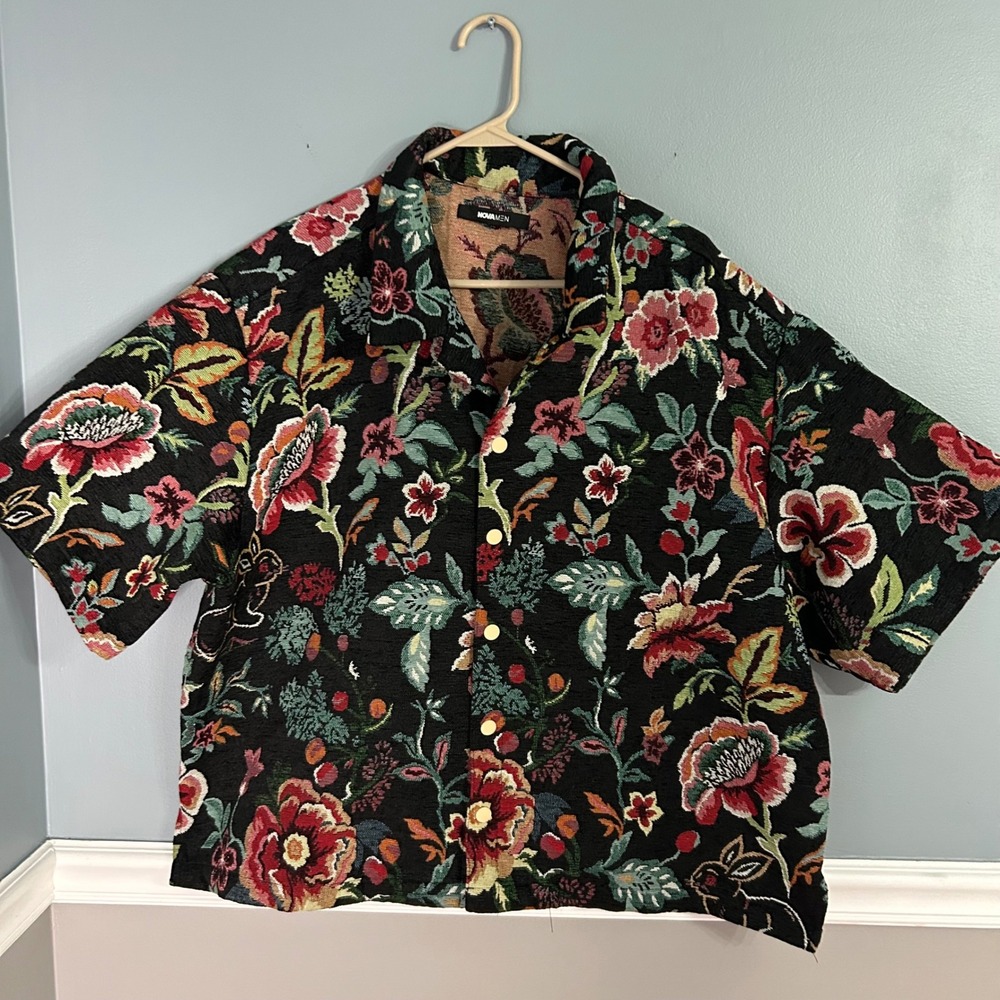 Fashion Nova Men Tapestry Floral Rabbit Shirt XXL Black Short Sleeve FNM1072222E